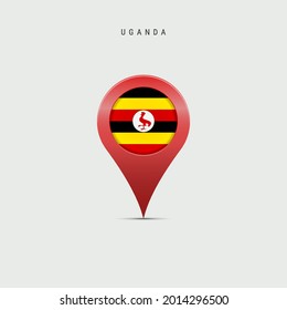 Teardrop map marker with flag of Uganda. Ugandan flag inserted in the location map pin. 3D vector illustration isolated on light grey background.