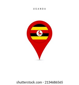 Teardrop map marker with flag of Uganda. Ugandan flag inserted in the location map pin. Flat vector illustration isolated on white background.