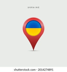 Marcador de mapa de lágrimas con bandera de Ucrania. Bandera ucraniana insertada en el pin del mapa de ubicación. Ilustración vectorial 3D aislada en fondo gris claro.