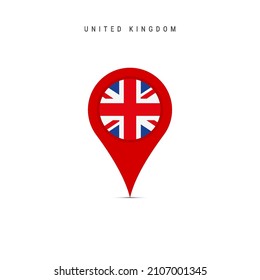 Teardrop map marker with flag of United Kingdom. British flag inserted in the location map pin. Flat vector illustration isolated on white background.