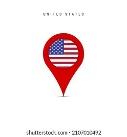 Marcador de mapa de lágrimas con bandera de Estados Unidos. Bandera estadounidense insertada en el pin del mapa de ubicación. Ilustración vectorial plana aislada en fondo blanco.