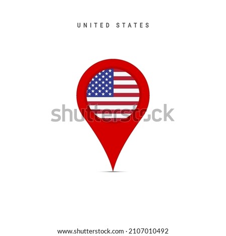 Teardrop map marker with flag of United States. American flag inserted in the location map pin. Flat vector illustration isolated on white background.