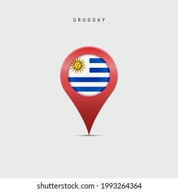 Teardrop map marker with flag of Uruguay. Uruguayan flag inserted in the location map pin. Vector illustration isolated on light grey background.