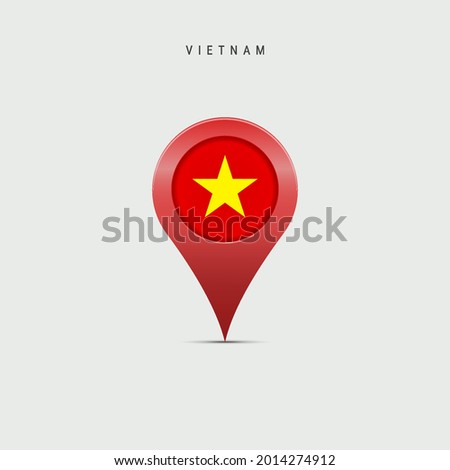 Teardrop map marker with flag of Vietnam. Vietnamese flag inserted in the location map pin. 3D vector illustration isolated on light grey background.