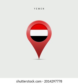 Marcador de mapa de lágrimas con bandera de Yemen. Bandera yemení insertada en el pin del mapa de la ubicación. Ilustración vectorial 3D aislada en fondo gris claro.