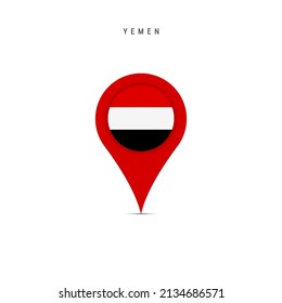 Marcador de mapa de lágrimas con bandera de Yemen. Bandera yemení insertada en el pin del mapa de la ubicación. Ilustración vectorial plana aislada en fondo blanco.
