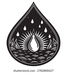 Teardrop shape icon with water droplets and sun rays on grassy field illustration