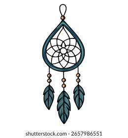 Teardrop-shaped vector dreamcatcher illustration with intricate geometric pattern, teal and gold accents, and three detailed feathers.
