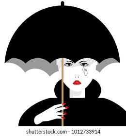 A tearful girl with an umbrella is featured in a minimalist beauty and fashion illustration.