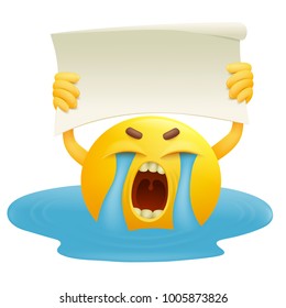 Tearful smiley yellow round face with paper banner in hands. Vector illustration