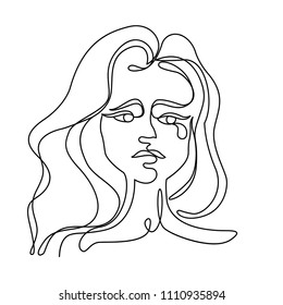 Tearing Woman One Line Art Portrait. Unhappy Female Facial Expression. Hand Drawn Linear Woman Silhouette. Vector illustration