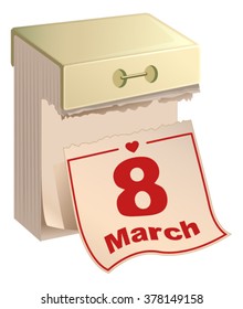 Tear-off calendar 8th of March. International Womens Day. English text. Isolated on white illustration