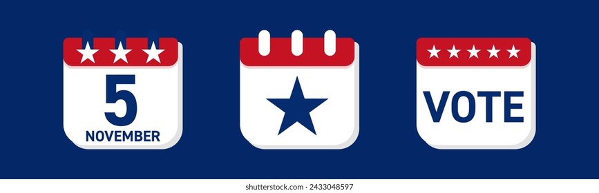 Calendario con el símbolo de la estrella americana. Fecha de las elecciones estadounidenses de 2024 -5 de noviembre. Icono de recordatorio de elecciones. Símbolo del calendario electoral. Ilustración de vector