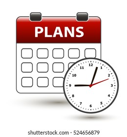 tear-off calendar with clockface with title plans on a white 
