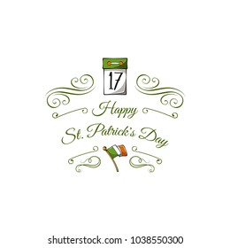 Tear-off calendar with the date 17 March to St. Patrick s Day. Swirls, ornate frames and filigree elements. Vector illustration isolated on white background