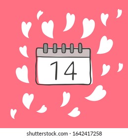 Tear-off calendar with the date February 14 and hearts. Valentine's day concept. Vector illustration.