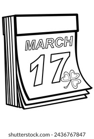 Tear-off calendar with the date March 17 and clover, St. Patrick's Day - vector linear picture for coloring. Irish holiday date