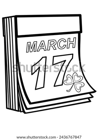 Tear-off calendar with the date March 17 and clover, St. Patrick's Day - vector linear picture for coloring. Irish holiday date