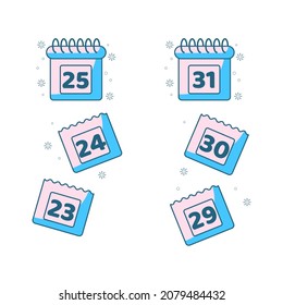 Tear-off calendar for December twenty-fifth and thirty-first. Vector icon, holiday date. Colored minimal flat cartoon design isolated on white background, eps 10.