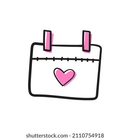 Tear-off calendar in Doodle style. Leaf with a heart. Vector illustration.