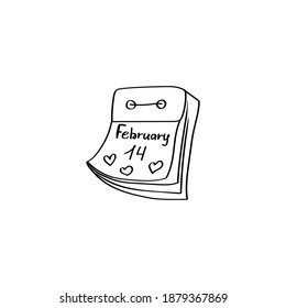 Tear-off calendar with a holiday date of February 14. Date of Valentines day. Doodle element. Hand-drawn vector calendar. Simple linear style. Black outline isolated on a white background.