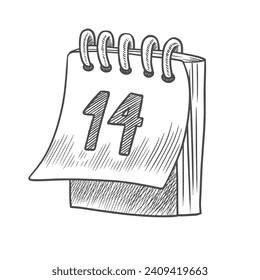 Tear-off calendar with the number 14 on the first page. 14th of February. Black and white sketch style calendar with spring