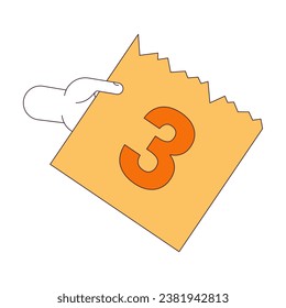 Tear-off calendar page day 3 linear cartoon character hand illustration. Holding calendar page outline 2D vector image, white background. Ripped off note with number editable flat color clipart