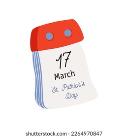 Tear-off calendar. Calendar page with St. Patrick's Day date. March 17. Flat style hand drawn vector icon.
