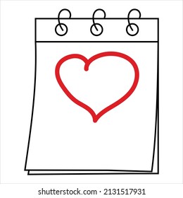 Tear-off calendar sheet without date with hand drawn outline in the shape of a heart. Sample.