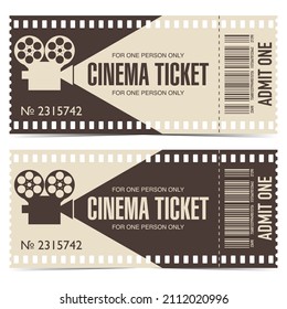 Tear-off cinema ticket in the form of a film strip. Beige brown detachable movie ticket or film ticket with barcode and cinema projector or retro movie camera with film reel.