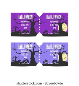 Tear-off Halloween ticket set with bats and pumpkins, scary trees, spiders and spiderweb on a full moon night. October 31 night party invitation on purple background. Horror evening event entrance pas