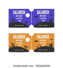 Tear-off Halloween ticket set with scared cat, witch house, coffins in the cemetery on a full moon night. October 31 night party invitation on orange and blue background. Horror evening event entrance