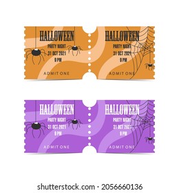 Tear-off Halloween ticket set with scary spiders and spiderweb on orange and purple background. October 31 night party invitation. Horror evening event entrance pass.