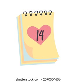 Calendario extraído a mano. Una hoja con la fecha 14 de febrero, Día de San Valentín. Ilustración vectorial.