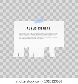 Tear-off paper template. Advertisement template with copy space for text. Vector illustration isolated on tratsparent background