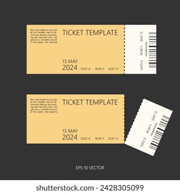 Tear-off ticket or coupon design template. Blank vector layout isolated on black background. 