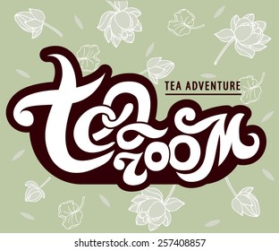 TeaRoom design sign against the background of flowers and leaves lotus