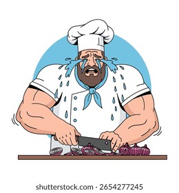 Lágrimas de um chef cortar cebolas causando uma cena de cozinha bagunçada
