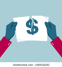 Tears the dollar symbol with both hands. Isolated on blue background.