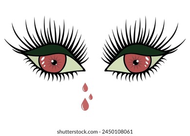 Tears are dripping from red eyes. Green shadows on half-closed eyelids. Crying look. Lush black eyelashes. White highlights on the iris and pupil. Color vector illustration. Cartoon style. 
