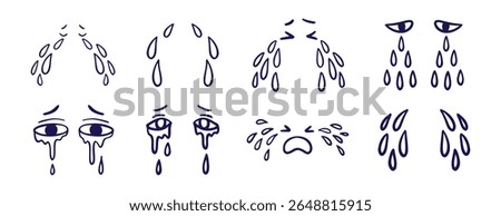tears drop, eyes and tears doodle hand drawn icon set. Outline drawing line clipart symbol collection. Vector illustration