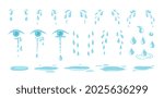 Tears drops. Water drop, crying eyes. Emotional expression eye with teardrop. Cartoon rain and puddle vector elements
