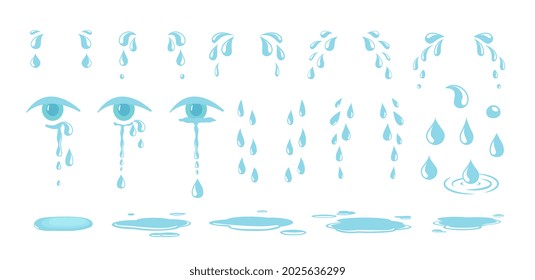 Tears drops. Water drop, crying eyes. Emotional expression eye with teardrop. Cartoon rain and puddle vector elements