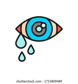 Tears in eye, cry, allergy flat color line icon.