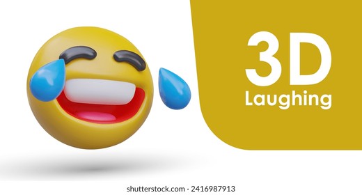Tears of joy, LOL. 3D emoticon laughs, mouth wide open. Smiley in good mood. Concept of incredible fun. Happiness, good mood, joy. Isolated vector model with shadow