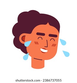 Tears of joy middle eastern woman 2D vector avatar illustration. Laughing female cartoon character face portrait. Arab lady happy cry flat color user profile image isolated on white background