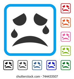 Tears Smile icon. Flat gray pictogram symbol in a blue rounded rectangular frame. Black, gray, green, blue, red, orange color variants of Tears Smile vector. Designed for web and app user interface.