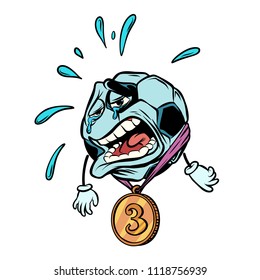 Tears third place bronze medal. Character soccer ball football. isolate on white background. Comic cartoon pop art retro illustration vector drawing