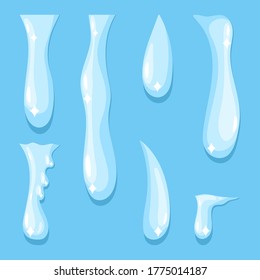 Tears and water drops vector cartoon set isolated on background.