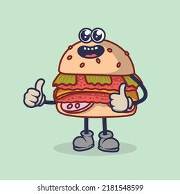 Teary eyes Burger with laughing good expression sticker. Cartoon sticker in comic style with contour. Decoration for greeting cards, posters, patches, prints for clothes, emblems.